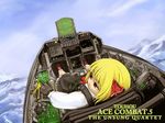 ace_combat ace_combat_5 aircraft airplane blonde_hair cervus cockpit controller day f-16_fighting_falcon fighter_jet flying glass_cockpit gloves gps hair_ribbon heads-up_display jet joystick military military_vehicle mountain parody red_eyes ribbon rumia short_hair sky solo touhou 