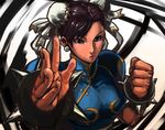  black_eyes bracelet brown_hair china_dress chinese_clothes chun-li dress eyeshadow hensou jewelry makeup solo spiked_bracelet spikes street_fighter 