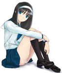  black_hair hairband highres hyukki leg_hug long_hair panties pantyshot pantyshot_(sitting) school_uniform sitting solo toono_akiha tsukihime underwear white_hairband 