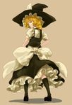  bad_id bad_pixiv_id blonde_hair bow brown_background dress frills from_behind gathers grin hat kirisame_marisa kneehighs large_bow looking_back petticoat shadow shibasaki_shouji short_hair simple_background smile socks solo standing touhou witch_hat yellow_eyes 
