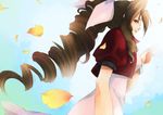  aerith_gainsborough bad_id bad_pixiv_id bow bracelet braid brown_eyes brown_hair cropped_jacket dress drill_hair final_fantasy final_fantasy_vii hair_bow hidaka_ryou jewelry leaf long_hair petals pink_bow pink_dress ponytail single_braid smile solo very_long_hair 