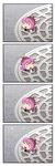  4koma animal_ears beamed_eighth_notes chibi comic eighth_note hat highres manhole minigirl music musical_note mystia_lorelei ogu_(oguogu) pink_hair silent_comic singing solo sparrow_stuck_in_manhole stuck tears touhou 