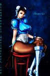  banned_artist bluedemon13 boots bun_cover china_dress chinese_clothes chun-li double_bun dress pantyhose sash self_upload sitting solo street_fighter thighs 