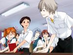  3girls ayanami_rei blue_eyes blue_hair blush brown_eyes brown_hair classroom grey_hair grin hair_ornament ikari_shinji ikari_shinji_raising_project kirishima_mana multiple_boys multiple_girls nagisa_kaworu neon_genesis_evangelion orange_hair red_eyes red_hair school_uniform smile souryuu_asuka_langley yonekura_kengo 