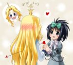  ahoge black_hair blonde_hair blue_eyes blush bow flat_chest flustered hair_bow heart kunihiro_hajime long_hair multiple_girls ponytail ryuumonbuchi_touka saki short_hair smile umekichi 