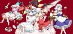  black_tea cake candle crescent cup drinking flandre_scarlet food hat izayoi_sakuya macaron multiple_girls one_eye_closed pastry patchouli_knowledge plate red_background remilia_scarlet simple_background sitting steam takahata_yuki tea teacup teapot tiered_tray touhou tray wings 
