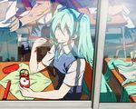  2girls age_difference alternate_costume aqua_eyes aqua_hair bangs black_hair book breasts building chair chopsticks chopsticks_in_mouth cityscape classroom collared_shirt desk eating food food_on_face hair_between_eyes hair_ornament hand_on_hip hatsune_miku holding indoors long_hair looking_at_viewer looking_back lunch multiple_boys multiple_girls muscle obentou open_book pants pen pleated_skirt reflection rice school_desk school_uniform shirt short_sleeves silhouette sitting skirt skyscraper small_breasts solo_focus sweater_vest teacher twintails veins very_long_hair vocaloid watch window wristwatch writing yoshimura_ken'ichirou 