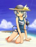  :&lt; barefoot beach cloud day dock flat_chest green_eyes grey_hair hat kneeling komeiji_koishi m_spark ocean one-piece_swimsuit outdoors ribbon school_swimsuit sky solo swimsuit touhou 