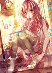  :&lt; art_brush bare_shoulders brown_hair hair_ornament hairclip highres long_hair looking_at_viewer mouth_hold notebook nozomi_fuuten original paintbrush pink_hair red_eyes shoes sitting sitting_on_stairs sneakers solo stairs striped striped_legwear sunlight thighhighs tying vertical-striped_legwear vertical_stripes 