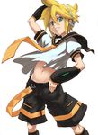  blonde_hair green_eyes headphones headset ippo kagamine_len male_focus midriff navel necktie shorts simple_background smile solo vocaloid yellow_neckwear 