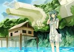  ahoge bad_id bad_pixiv_id bh001 copyright_request dress green_hair headphones house ladder long_hair pier solo water yellow_eyes 