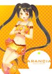  arancia bad_id bad_pixiv_id bare_shoulders black_hair character_name food fruit groin halftone halftone_background holding holding_food holding_fruit long_hair midriff miniskirt navel orange orange_(color) orange_background orange_eyes orange_skirt original renta_(deja-vu) skirt solo twintails 