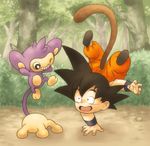  aipom black_hair crossover dragon_ball dragon_ball_(classic) gen_2_pokemon handstand makumaku one_eye_closed pokemon pokemon_(creature) smile son_gokuu tail 