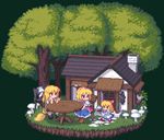  alice_margatroid bad_id bad_pixiv_id blonde_hair blush broom chair chibi chin_rest forest grin hat hat_removed headwear_removed house kirisame_marisa kou_2008 lantern multiple_girls mushroom nature outdoors pixel_art pointing shanghai_doll sitting smile table touhou tree 