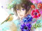  bad_id bad_pixiv_id bird bird_on_hand brown_hair code_geass flower isumimax lelouch_lamperouge male_focus purple_eyes solo 