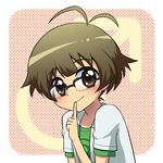  akizuki_ryou androgynous antenna_hair blush brown_eyes brown_hair finger_to_mouth glasses idolmaster idolmaster_dearly_stars komeko5 male_focus otoko_no_ko smile solo 