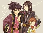  black_eyes black_hair blue_eyes bracelet brown_hair heart heart_of_string jewelry karol_capel long_hair male_focus miho_(mi) multiple_boys ponytail raven_(tales) scarf smile tales_of_(series) tales_of_vesperia yuri_lowell 