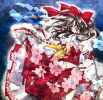  bad_id bad_pixiv_id brown_eyes brown_hair detached_sleeves flower hakurei_reimu midriff navel solo taeko_(tao) touhou wind 