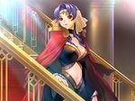  banister blue_hair breasts cape cleavage dress flare_(queen_bonjourno) game_cg large_breasts midriff queen_bonjourno red_eyes sano_toshihide solo stairs 