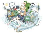  aikei_ake blonde_hair blue_eyes canada denim denim_shorts game_boy goggles hand_drill handheld_game_console jewelry lamp leaf long_hair mechanical_arm midriff navel necklace original paper pipes ponytail screwdriver shorts solo 