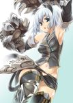  animal_ears armor armpits bare_shoulders blue_eyes cat_ears claws detached_sleeves midriff monster_hunter navel solo sweat tail thighhighs thomasz white_hair 