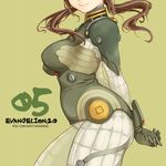  arms_behind_back bodysuit breasts brown_hair curvy evangelion:_2.0_you_can_(not)_advance green_bodysuit head_out_of_frame large_breasts long_hair makinami_mari_illustrious neon_genesis_evangelion plugsuit plump rebuild_of_evangelion smile solo takagi_hideaki twintails 