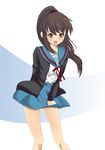  blue_skirt brown_eyes brown_hair cardigan genderswap genderswap_(mtf) kita_high_school_uniform kokuu_rikishi kyonko long_hair ponytail school_uniform serafuku skirt skirt_lift solo suzumiya_haruhi_no_yuuutsu wind wind_lift 