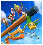  3boys bandana bird black_eyes blonde_hair camera cloud day glasses hat link mako_(wind_waker) multiple_boys niko_(wind_waker) pirate pointy_ears seagull sky smile tetra the_legend_of_zelda 