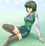  black_legwear grass green_hair hairband idolmaster idolmaster_(classic) muhi11234 otonashi_kotori pencil_skirt red_eyes short_hair sitting skirt solo thighhighs 