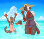  2girls age_difference axolotl beach breasts casual_one-piece_swimsuit child cleavage day flat_chest giant_salamander grey_skin hat hellbender innertube jon_henry_nam large_breasts monster_girl mother_and_daughter multiple_girls one-piece_swimsuit original salamander straw_hat swimsuit tail white_hair yellow_eyes 