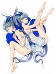  back-to-back bad_id bad_pixiv_id bare_shoulders barefoot closed_eyes demon_girl demon_tail demon_wings dress feet fingernails flat_chest highres horns junji_(pixiv579990) lips multiple_girls original pointy_ears short_dress siblings silver_hair sisters tail twins wings 