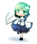  alternate_hairstyle aqua_eyes aqua_hair bad_id bad_pixiv_id blue_hair blush chibi detached_sleeves full_body gohei gradient_hair hair_ornament kochiya_sanae multicolored_hair open_mouth pasutel short_hair smile solo standing standing_on_one_leg touhou 