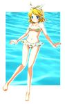  bad_id bad_pixiv_id barefoot bikini blonde_hair blue_eyes hair_ribbon hands headphones kagamine_rin polka_dot polka_dot_bikini polka_dot_swimsuit project_diva project_diva_(series) ribbon short_hair smile solo swimsuit swimwear_(module) vocaloid yukako_(yunny) 