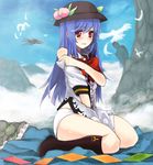  bad_id bad_pixiv_id bird blue_hair cloud comrade_stalin day food fruit hat hinanawi_tenshi long_hair mageres no_pants panties peach red_eyes sitting socks solo touhou underwear 