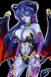  ass_visible_through_thighs astaroth_(shinrabanshou) bangs bare_shoulders bat_wings black_background black_leotard black_sclera blue_hair blue_skin bracelet breasts bridal_gauntlets cleavage demon_girl demon_horns demon_tail detached_collar earrings fingernails hair_between_eyes hand_on_own_thigh highres horns jewelry large_breasts legs_apart leotard light_smile long_fingernails long_hair looking_at_viewer midriff nail_polish navel navel_cutout nishiumi_yuuta orange_eyes outline parted_bangs pink_nails pointy_ears purple_legwear red_wings shinrabanshou shiny shiny_clothes shiny_skin sideboob simple_background smile solo standing strapless strapless_leotard tail thighhighs very_long_hair wings 