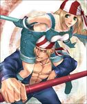  1girl alternate_costume bandana billy_kane blonde_hair breasts brother_and_sister cleavage fatal_fury fingerless_gloves gloves green_eyes hairband holding kof:_maximum_impact large_breasts lilly_kane maximum_impact_ii siblings snk staff the_king_of_fighters weapon 