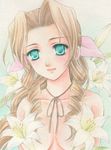  aerith_gainsborough bad_id bad_pixiv_id bow breasts brown_hair final_fantasy final_fantasy_vii flower green_eyes large_breasts lipstick long_hair makeup nude pink_bow ponytail solo traditional_media yukiou 