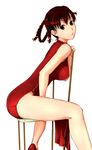  bare_legs braid breasts brown_eyes brown_hair chair china_dress chinese_clothes dead_or_alive dress hawoku_ishibare large_breasts lei_fang looking_at_viewer pelvic_curtain red_footwear shoes simple_background sitting sitting_backwards solo white_background 
