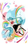  ahoge aqua_eyes aqua_hair bad_id bad_pixiv_id gun hatsune_miku long_hair maple_(cyakapon) one_eye_closed petals rainbow skirt smile socks solo twintails vocaloid water weapon 