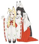  adjusting_clothes animal_ears bird black_hair blonde_hair clog_sandals crane_(animal) dressing_another fox_ears inari japanese_clothes jon_henry_nam kneeling long_hair miko multiple_girls original outstretched_arms red_eyes spread_arms standing very_long_hair 
