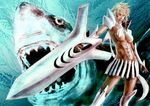  arrancar baryan bleach blonde_hair dark_skin espada facial_mark resurreccion revealing_clothes shark solo spoilers sword tier_harribel weapon 