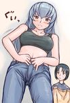  black_hair breasts casual denim dressing jeans kashiwaba_tomoe large_breasts long_hair mole mole_under_eye multiple_girls older pants rozen_maiden short_hair silver_hair suigintou sweat tsuda_nanafushi 