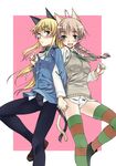  animal_ears blonde_hair blue_eyes blush braid cat_ears cat_tail glasses hands highres holding_hands legs lynette_bishop multicolored multicolored_clothes multicolored_legwear multiple_girls necktie no_pants open_mouth pantyhose perrine_h_clostermann satou_atsuki strike_witches striped striped_legwear tail thighhighs world_witches_series yellow_eyes 