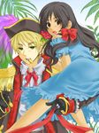  1girl axis_powers_hetalia bad_id bad_pixiv_id black_hair blonde_hair brown_eyes carrying coin dress eyebrows gloves gold green_eyes hair_ribbon jewelry long_hair pirate ribbon ring saita_(doer) seychelles_(hetalia) smirk sundress united_kingdom_(hetalia) 