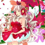  :o bare_shoulders breasts cleavage cocktail_dress dress face flower frills hair_flower hair_ornament idolmaster idolmaster_(classic) large_breasts long_hair lowres open_mouth petals purple_eyes shijou_takane silver_hair solo taira_tsukune very_long_hair wind 