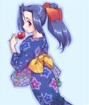  blue_hair blue_kimono candy_apple food from_behind idolmaster idolmaster_(classic) japanese_clothes kimono long_hair looking_back maru_(sara_duke) miura_azusa oekaki ponytail red_eyes ribbon smile solo yukata 
