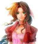  aerith_gainsborough bow brown_hair cropped_jacket da_huang face final_fantasy final_fantasy_vii green_eyes lipstick long_hair makeup pink_bow ponytail smile solo 