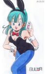  90s :d animal_ears aqua_hair armpits bangs bare_shoulders black_leotard blue_eyes blue_legwear blunt_bangs bow bowtie breasts bulma bunny_ears bunny_tail bunnysuit capsule character_name cleavage dated detached_collar dragon_ball dragon_ball_(classic) fake_animal_ears fake_tail from_side hairband hand_on_hip hand_up happy holding leaning_forward leotard lipstick long_hair looking_at_viewer makeup medium_breasts non-web_source open_mouth pantyhose parted_bangs red_bow red_neckwear simple_background smile solo standing straight_hair strapless strapless_leotard tail traditional_media white_background worson wrist_cuffs 