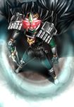  belt cape foreshortening kamen_rider kamen_rider_den-o_(series) kamen_rider_zeronos male_focus solo suzume_inui sword weapon 