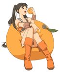  arancia bare_shoulders black_hair boots brown_eyes food fruit full_body highres holding holding_food holding_fruit long_hair match_(type74tk) orange orange_(color) orange_footwear original sitting solo twintails white_background 